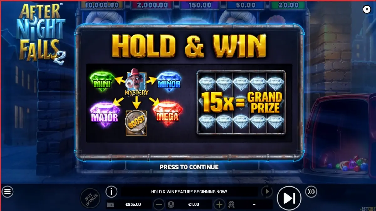 Tampilan antarmuka mobile slot After Night Falls 2 dengan tema noir dan detektif
